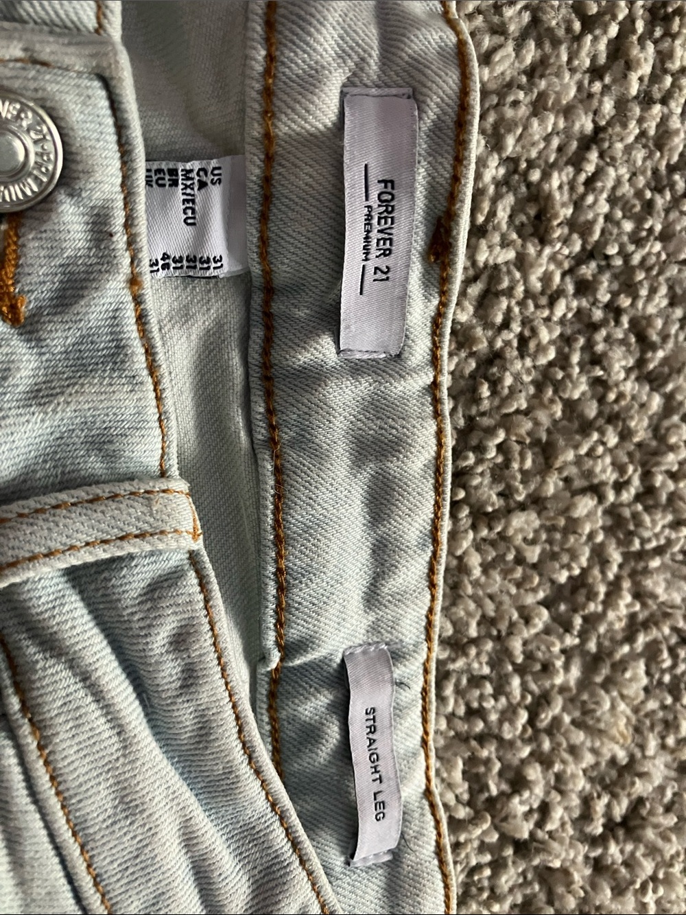 Forever 21 Distressed Light Blue Straight Leg Jeans with Contrast Stitching